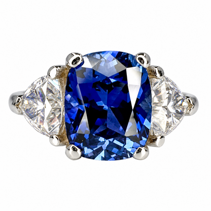 3.30. CT Elongated Cushion Cut Blue Sapphire Engagement Ring and Moissanite Trillion Accents, Blue Sapphire and Moissanite Ring  14K White Gold #6800