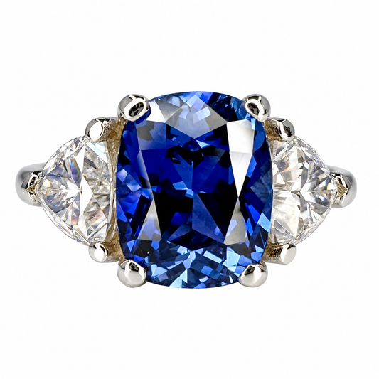 3.30. CT Elongated Cushion Cut Blue Sapphire Engagement Ring and Moissanite Trillion Accents, Blue Sapphire and Moissanite Ring  14K White Gold #6800