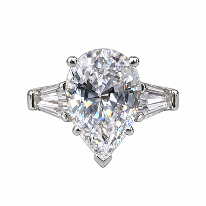 Pear shaped moissanite engagement ring 14K solid gold, three stone engagement set women vintage baguette moissanite Promise ring gift, #6484