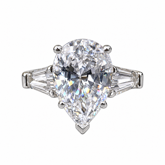 Pear shaped moissanite engagement ring 14K solid gold, three stone engagement set women vintage baguette moissanite Promise ring gift, #6484