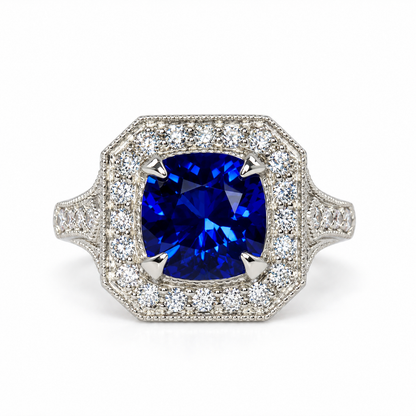 Cushion Cut Blue Sapphire Engagement Ring Women 14K White Gold, Vintage Unique Moissanite Engagement Rings, Edwardian Moissanite Ring  #7182