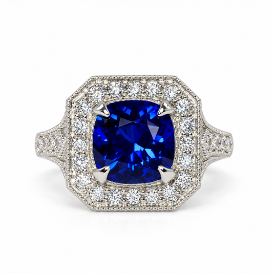 Cushion Cut Blue Sapphire Engagement Ring Women 14K White Gold, Vintage Unique Moissanite Engagement Rings, Edwardian Moissanite Ring  #7182