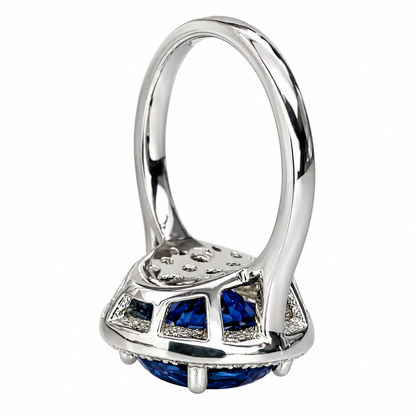 Round Blue Sapphire With Diamond Halo Engagement Ring,14k White Gold Blue Sapphire And Moissanite Halo Wedding Ring, Unique Ladies Ring 5945
