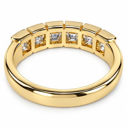 Asscher cut 6 stone bezel set moissanite simple wedding band 14k solid gold, stacking half eternity band, handmade thick wedding band