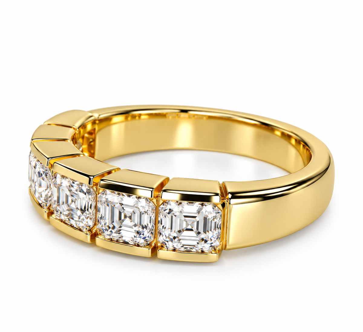 Asscher cut 6 stone bezel set moissanite simple wedding band 14k solid gold, stacking half eternity band, handmade thick wedding band