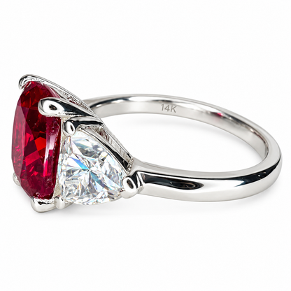 3.30 CT Ruby Cushion Cut And Moissanite Engagement Ring, Three Stone Ruby And Moissanite Ring, 14k Gold Elongated Cushion Cut Ruby Ring   #6853