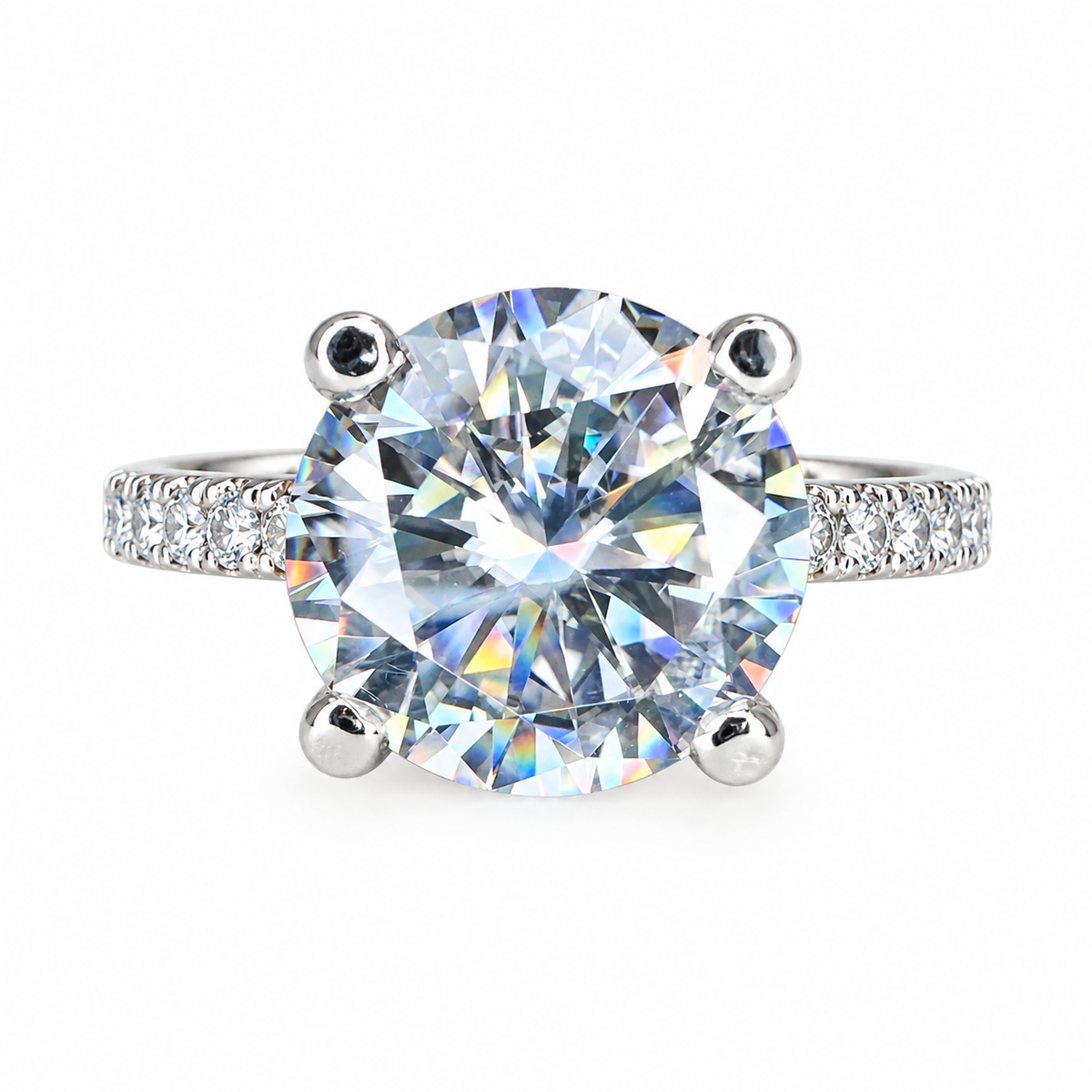 Moissanite Round Brilliant Solitaire Engagement Ring With Round Moissanite Accents In 14K White Gold, Infinity Jewelers USA #6903 #6904