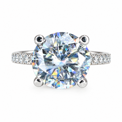 Moissanite Round Brilliant Solitaire Engagement Ring With Round Moissanite Accents In 14K White Gold, Infinity Jewelers USA #6903 #6904
