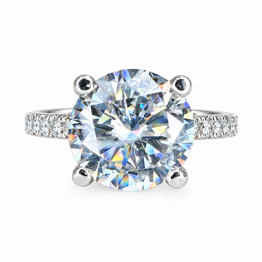 Moissanite Round Brilliant Solitaire Engagement Ring With Round Moissanite Accents In 14K White Gold, Infinity Jewelers USA #6903 #6904