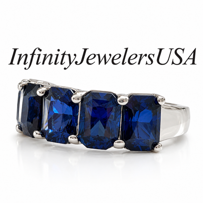 Blue Sapphire Wedding Band Radiant Cut 5 Stone Wide Gold Band 14K White Gold, Ladies Sapphire Wedding Ring, September Birthstone Ring