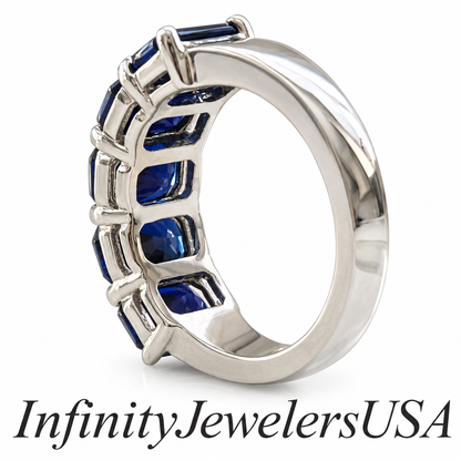 Blue Sapphire Wedding Band Radiant Cut 5 Stone Wide Gold Band 14K White Gold, Ladies Sapphire Wedding Ring, September Birthstone Ring