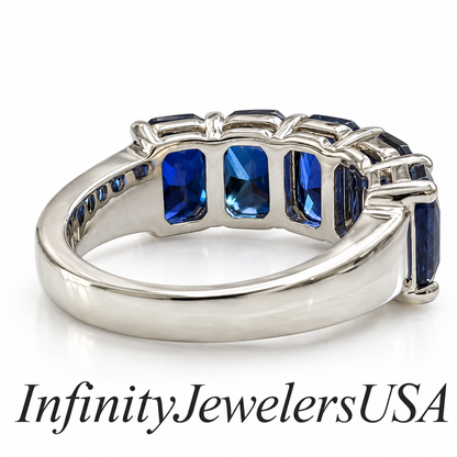 Blue Sapphire Wedding Band Radiant Cut 5 Stone Wide Gold Band 14K White Gold, Ladies Sapphire Wedding Ring, September Birthstone Ring