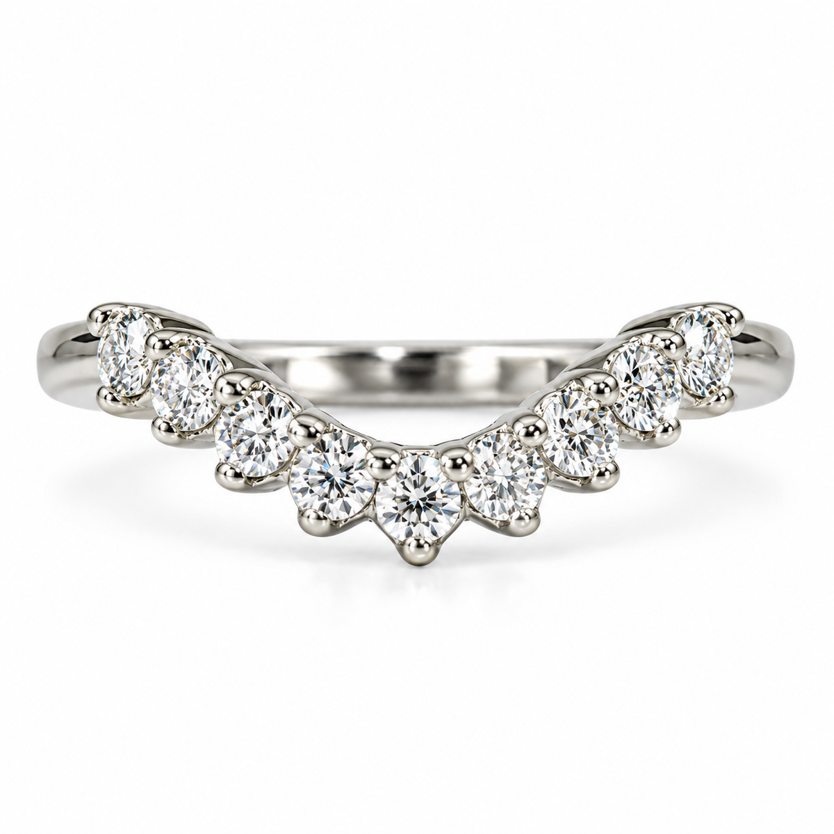 Curved Moissanite Wedding Band, Ladies Universal Matching Moissanite Band, 14k White Gold Delicate Diamond Curved Wedding Ring For Her #7116