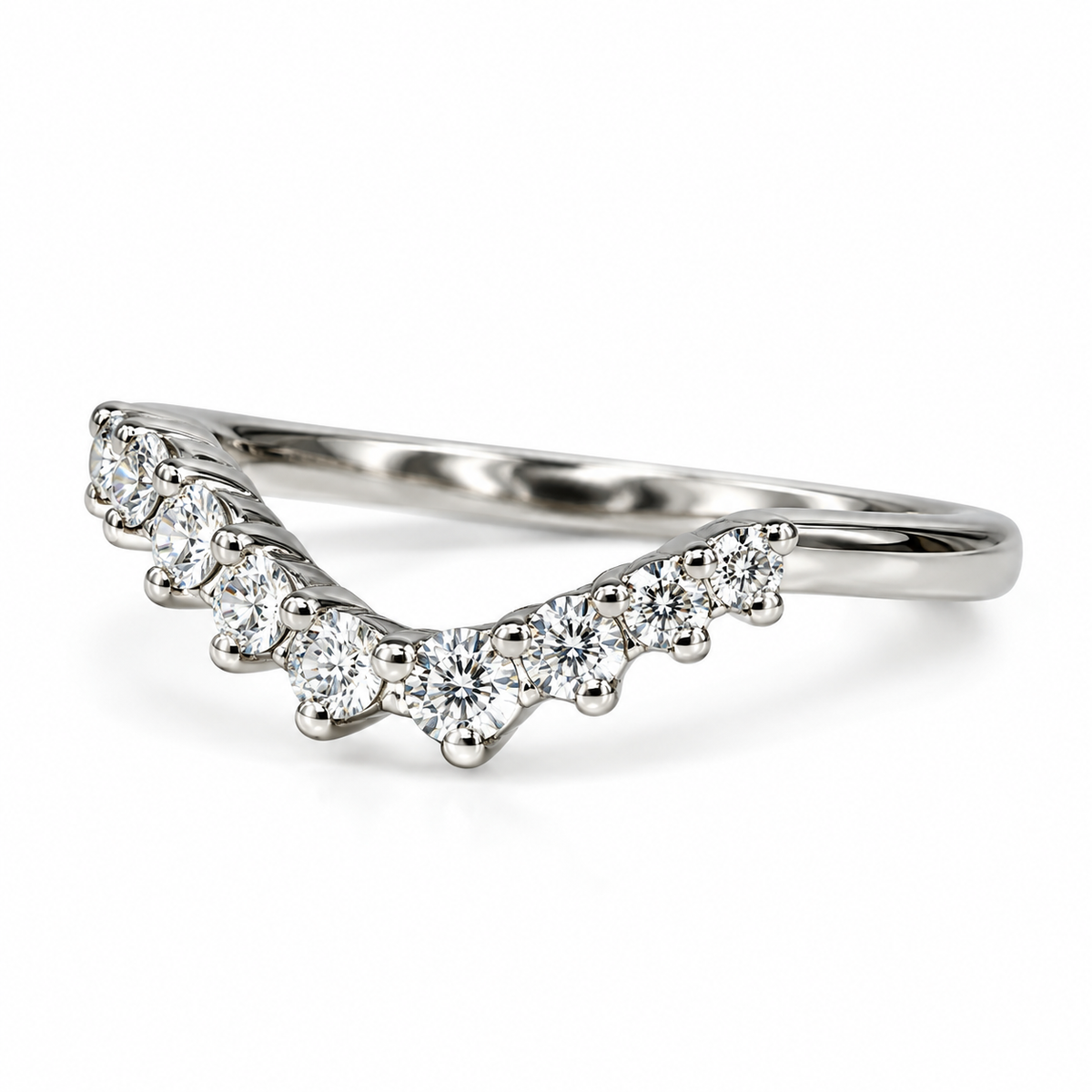Curved Moissanite Wedding Band, Ladies Universal Matching Moissanite Band, 14k White Gold Delicate Diamond Curved Wedding Ring For Her #7116