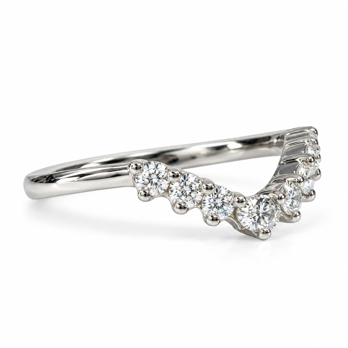 Curved Moissanite Wedding Band, Ladies Universal Matching Moissanite Band, 14k White Gold Delicate Diamond Curved Wedding Ring For Her #7116