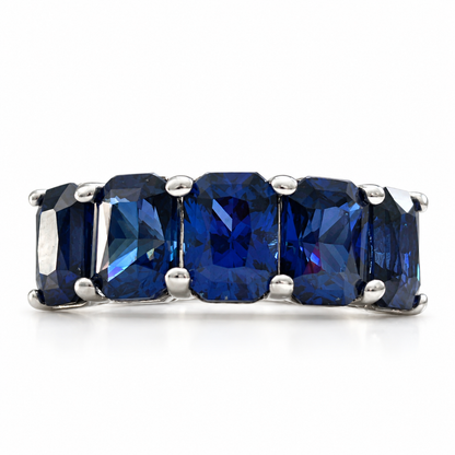 Blue Sapphire Wedding Band Radiant Cut 5 Stone Wide Gold Band 14K White Gold, Ladies Sapphire Wedding Ring, September Birthstone Ring