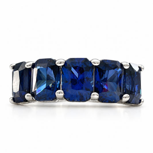 Blue Sapphire Wedding Band Radiant Cut 5 Stone Wide Gold Band 14K White Gold, Ladies Sapphire Wedding Ring, September Birthstone Ring