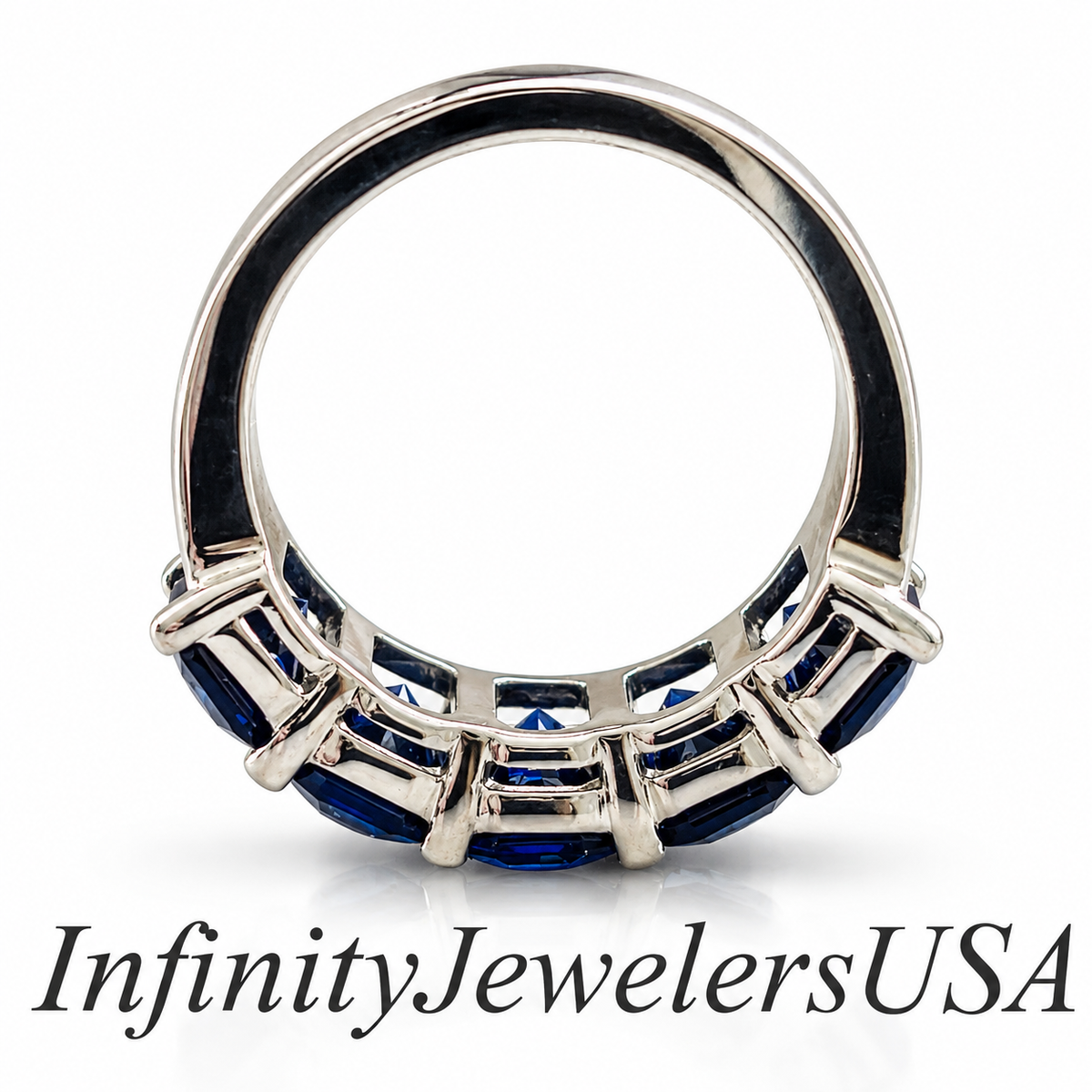 Blue Sapphire Wedding Band Radiant Cut 5 Stone Wide Gold Band 14K White Gold, Ladies Sapphire Wedding Ring, September Birthstone Ring