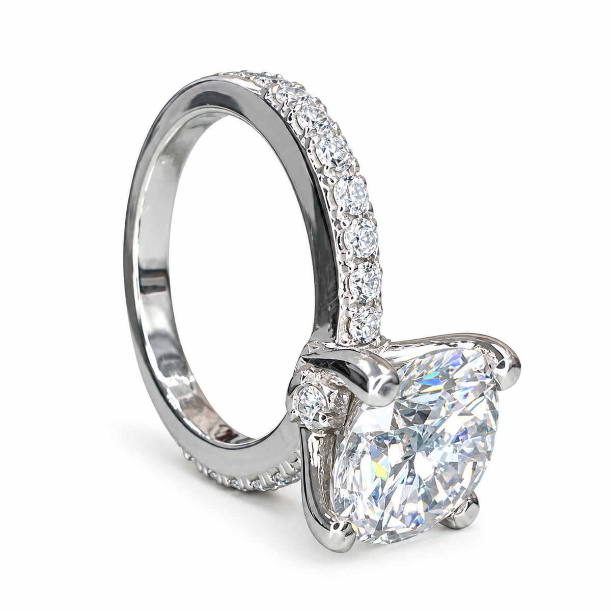 Moissanite Round Brilliant Solitaire Engagement Ring With Round Moissanite Accents In 14K White Gold, Infinity Jewelers USA #6903 #6904