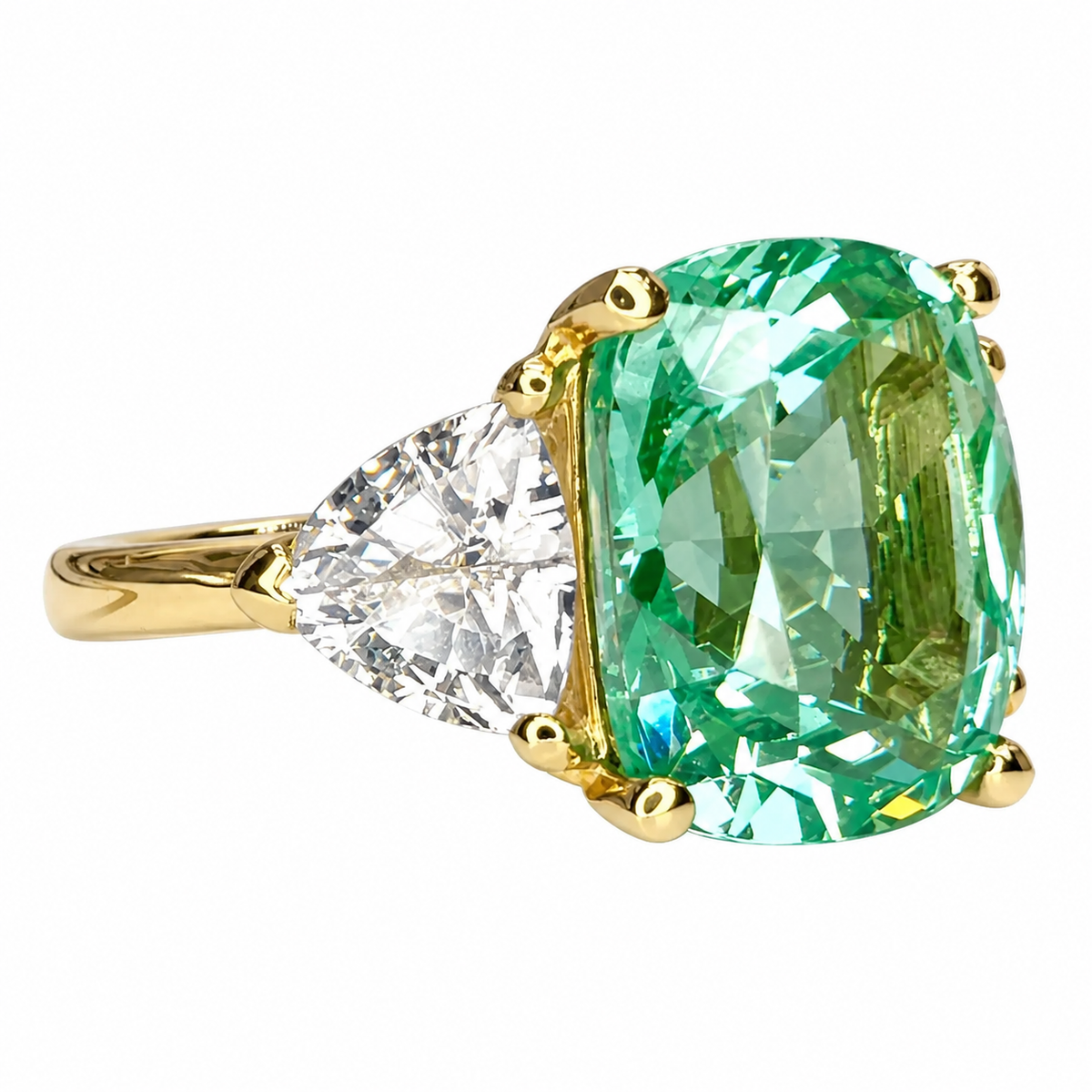 5.00 CT Paraiba Engagement Ring, Elongated Cushion Cut Green Paraiba And Trillion Moissanite Wedding Ring, 3 Stone Moissanite   #6846