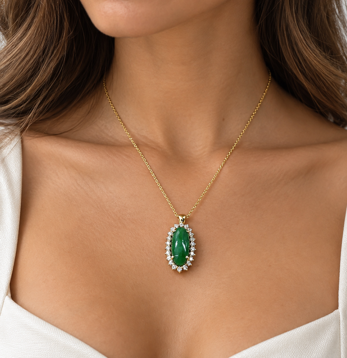 Cabochon Oval Jade And Moissanite Halo Pendant Cabochon Jade Pendant Necklace Unique Elongated Oval Green Jade Lucky Necklace Pendant