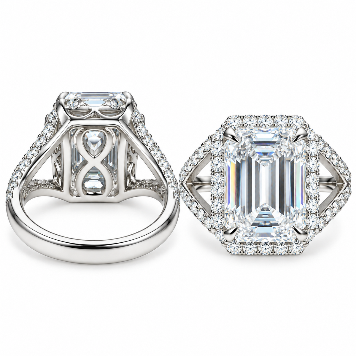 Emerald Cut Moissanite Engagement Ring White Gold, Unique Vintage Style Emerald Cut Halo Engagement Ring Split Shank Heavy Gold Ring,  #7476