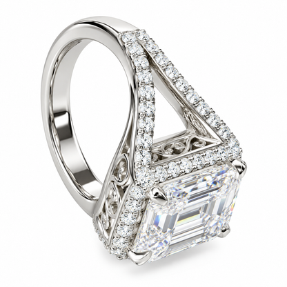 Emerald Cut Moissanite Engagement Ring White Gold, Unique Vintage Style Emerald Cut Halo Engagement Ring Split Shank Heavy Gold Ring,  #7476