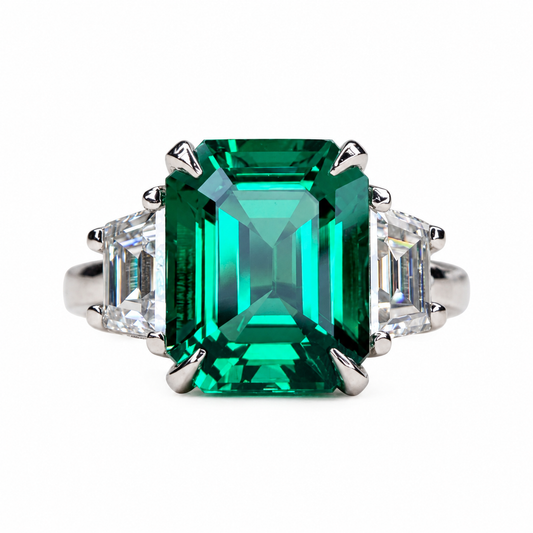 5.00 CT Emerald Cut Emerald Engagement Ring with Trapezoid 14K Solid White Gold, Emerald Three Stone Ladies Ring, Unique Emerald Wedding Ring  #7080