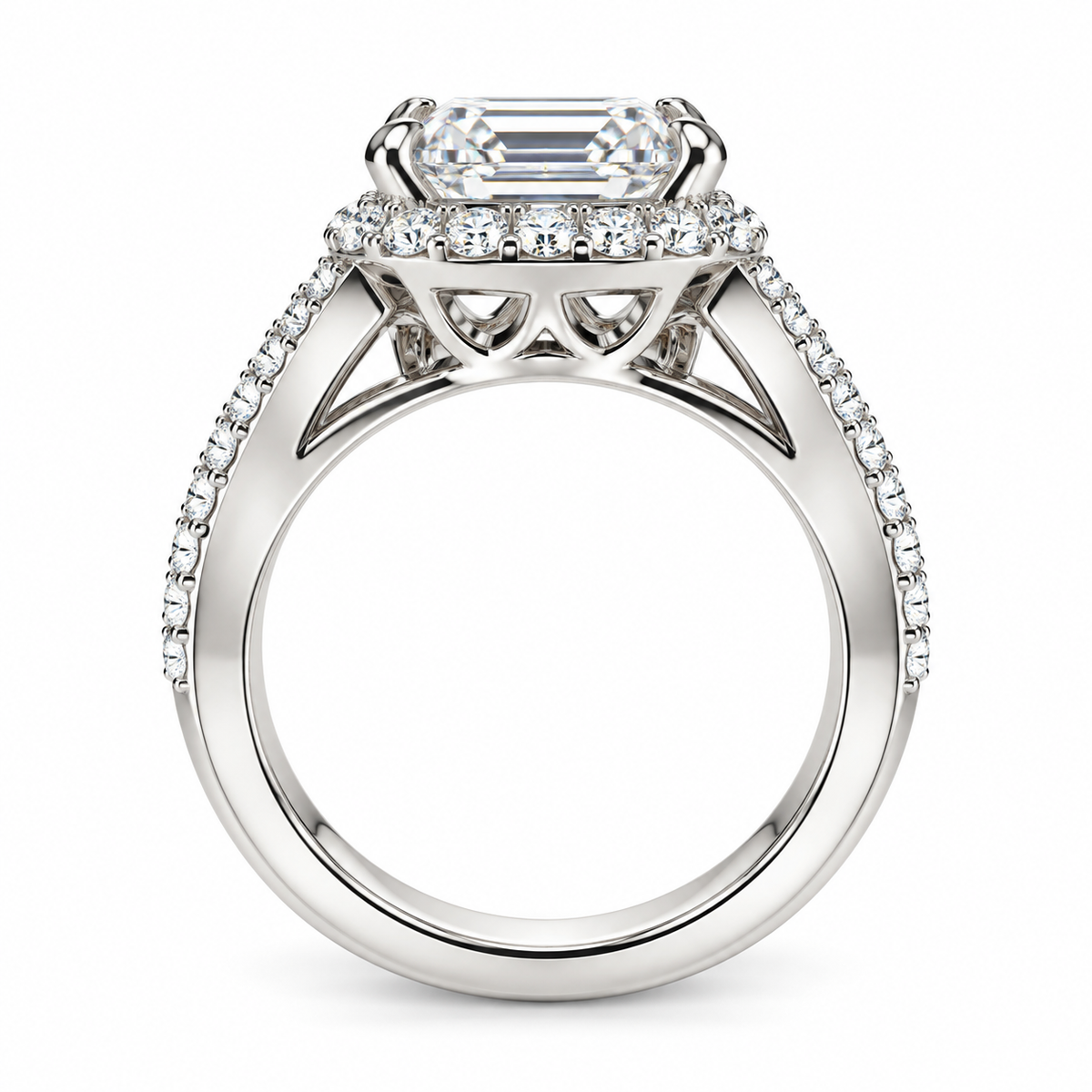 Emerald Cut Moissanite Engagement Ring White Gold, Unique Vintage Style Emerald Cut Halo Engagement Ring Split Shank Heavy Gold Ring,  #7476