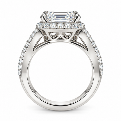 Emerald Cut Moissanite Engagement Ring White Gold, Unique Vintage Style Emerald Cut Halo Engagement Ring Split Shank Heavy Gold Ring,  #7476