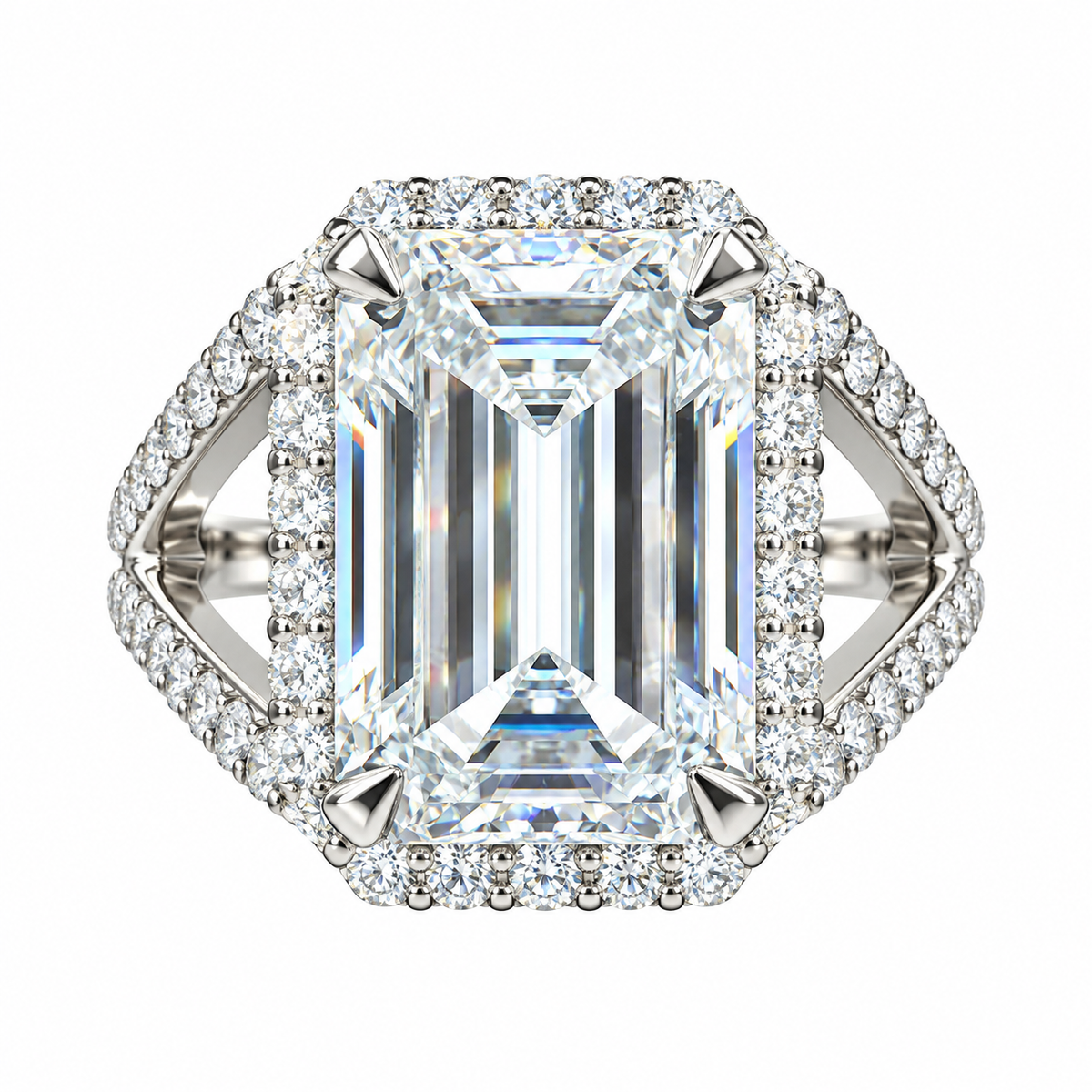 Emerald Cut Moissanite Engagement Ring White Gold, Unique Vintage Style Emerald Cut Halo Engagement Ring Split Shank Heavy Gold Ring,  #7476