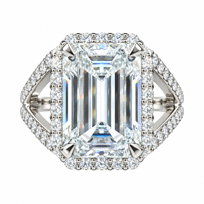 Emerald Cut Moissanite Engagement Ring White Gold, Unique Vintage Style Emerald Cut Halo Engagement Ring Split Shank Heavy Gold Ring,  #7476