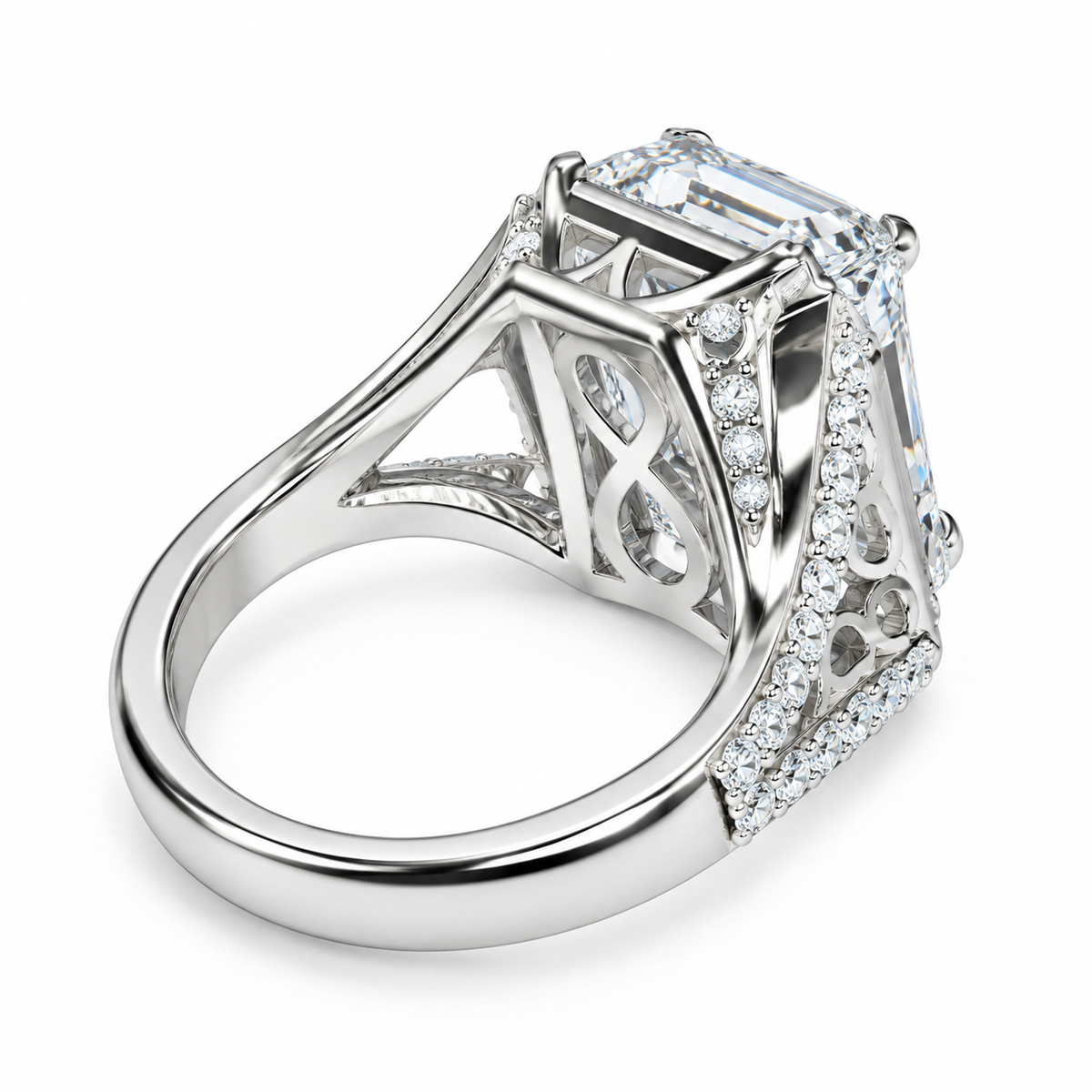 Emerald Cut Moissanite Engagement Ring White Gold, Unique Vintage Style Emerald Cut Halo Engagement Ring Split Shank Heavy Gold Ring,  #7476