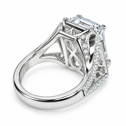 Emerald Cut Moissanite Engagement Ring White Gold, Unique Vintage Style Emerald Cut Halo Engagement Ring Split Shank Heavy Gold Ring,  #7476