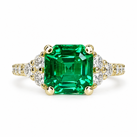 Asscher Cut Engagement Ring / Green Emerald Wedding Ring / Emerald and Moissanite Ring / Proposal Ring / 14k Yellow Gold