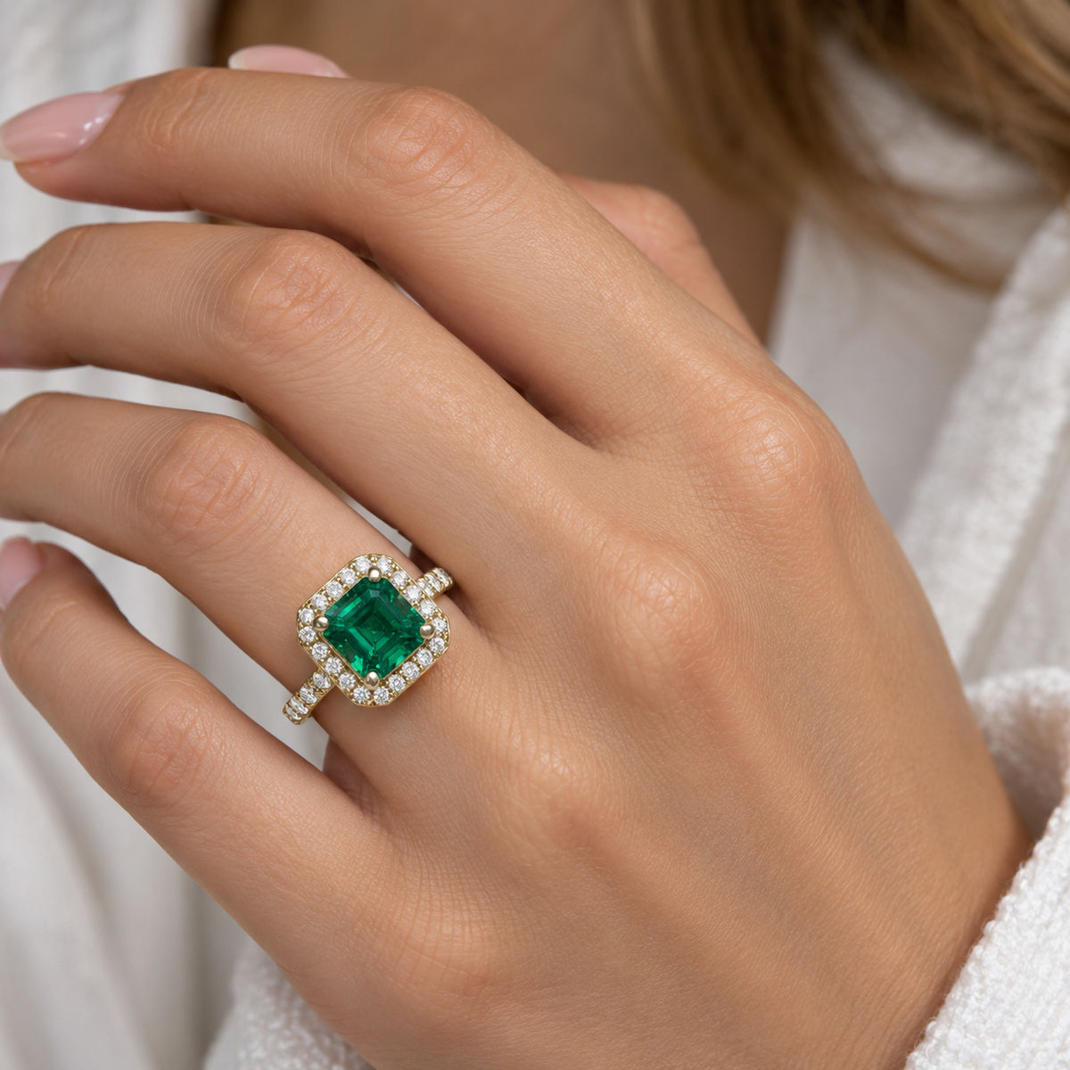 Emerald Engagement Rings For Women 14k Solid Yellow Gold, Asscher Shaped Emerald Engagement Rings, Simple Emerald and Moissanite Ring, #6255
