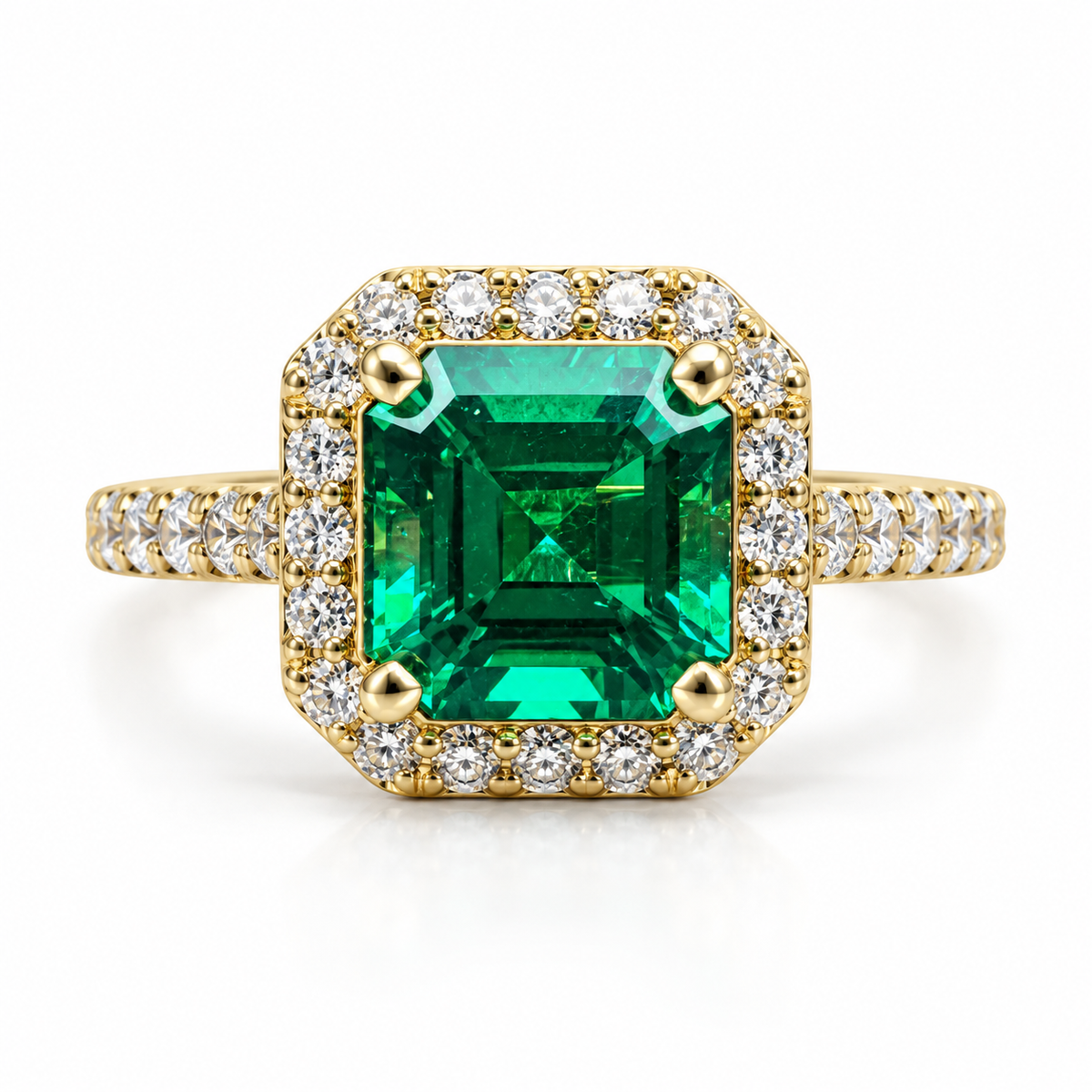 Emerald Engagement Rings For Women 14k Solid Yellow Gold, Asscher Shaped Emerald Engagement Rings, Simple Emerald and Moissanite Ring, #6255
