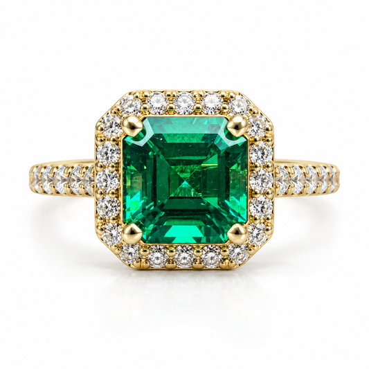Emerald Engagement Rings For Women 14k Solid Yellow Gold, Asscher Shaped Emerald Engagement Rings, Simple Emerald and Moissanite Ring, #6255