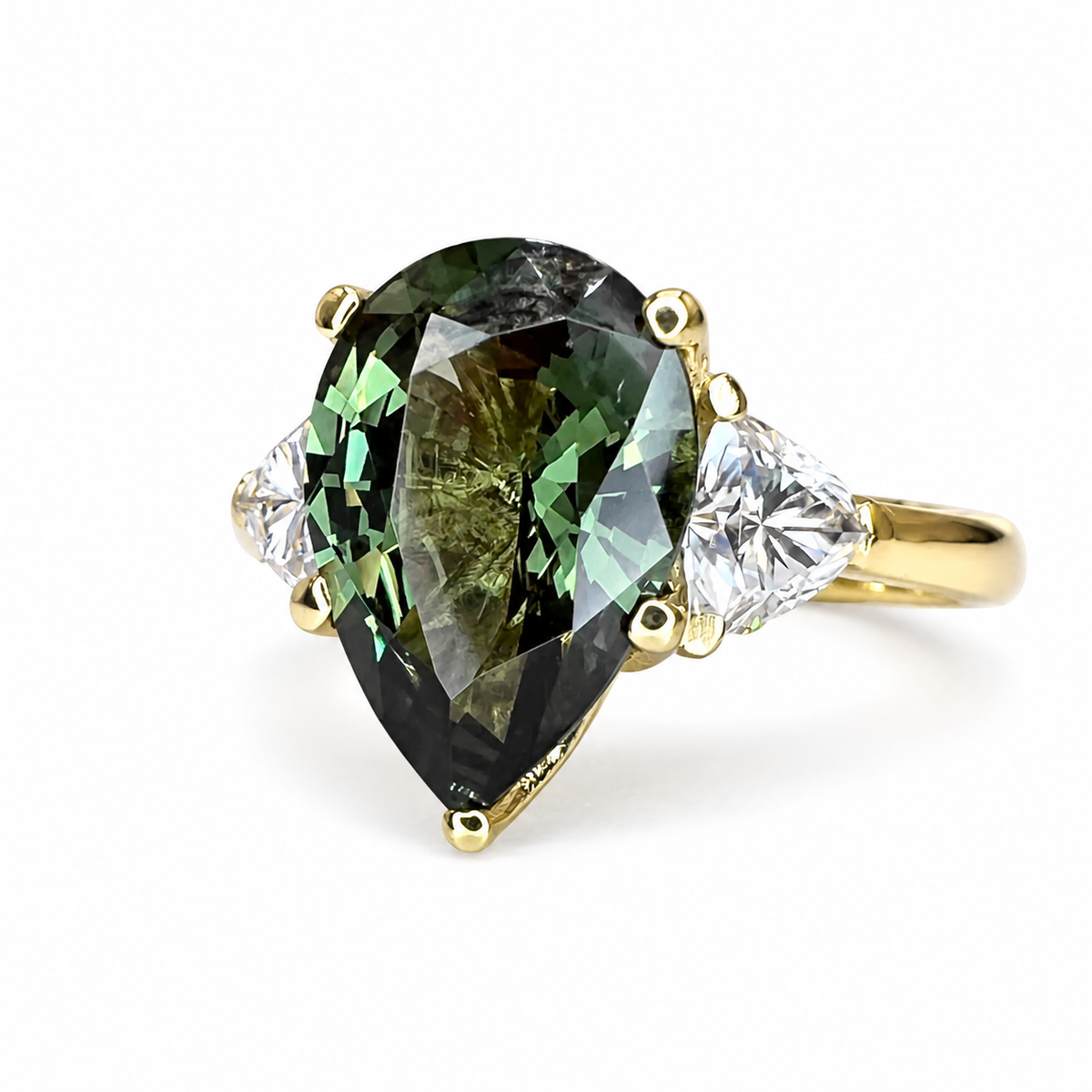 Pear Shape Olive Green Sapphire Engagement Ring White Gold Three Stone Sapphire Engagement ring Unique Wedding Promise Anniversary Ring 7408