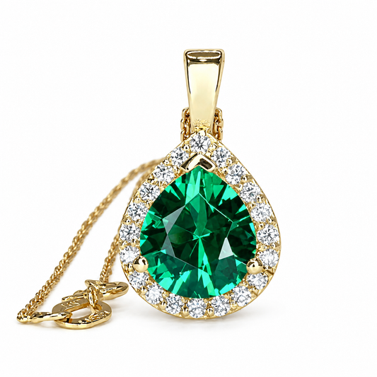 Gold Emerald Necklace, Pear Cut Emerald and Moissanite Pendant Necklace, Emerald Layering Gold Necklace, May Birthstone Necklace Women #7917