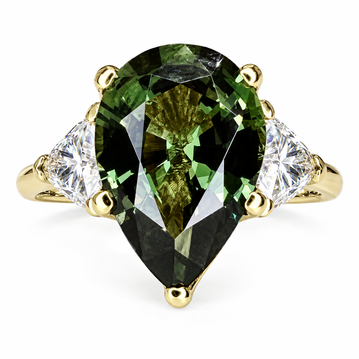 Pear Shape Olive Green Sapphire Engagement Ring White Gold Three Stone Sapphire Engagement ring Unique Wedding Promise Anniversary Ring 7408