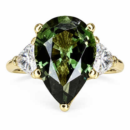 Pear Shape Olive Green Sapphire Engagement Ring White Gold Three Stone Sapphire Engagement ring Unique Wedding Promise Anniversary Ring 7408