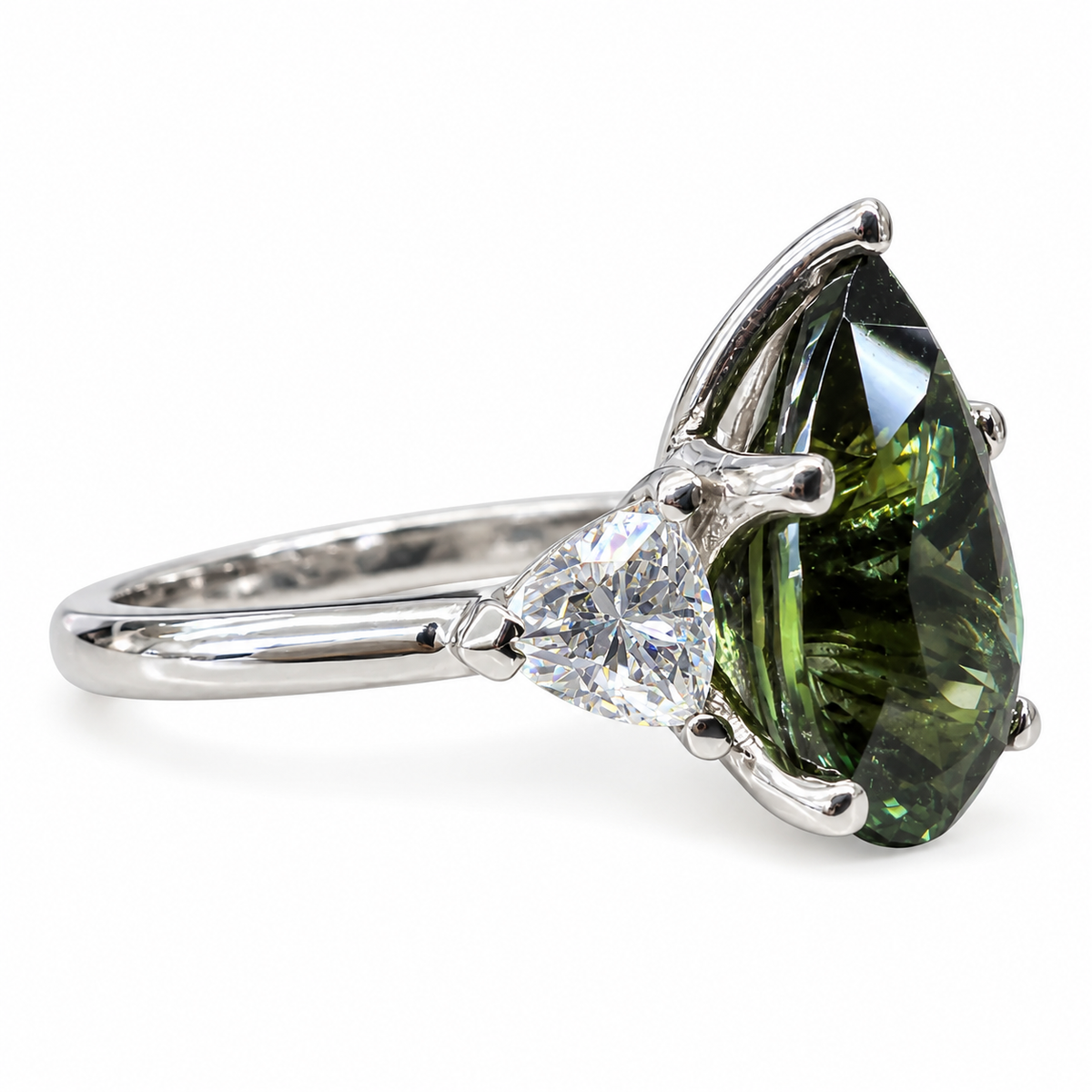 Pear Shape Olive Green Sapphire Engagement Ring White Gold Three Stone Sapphire Engagement ring Unique Wedding Promise Anniversary Ring 7408