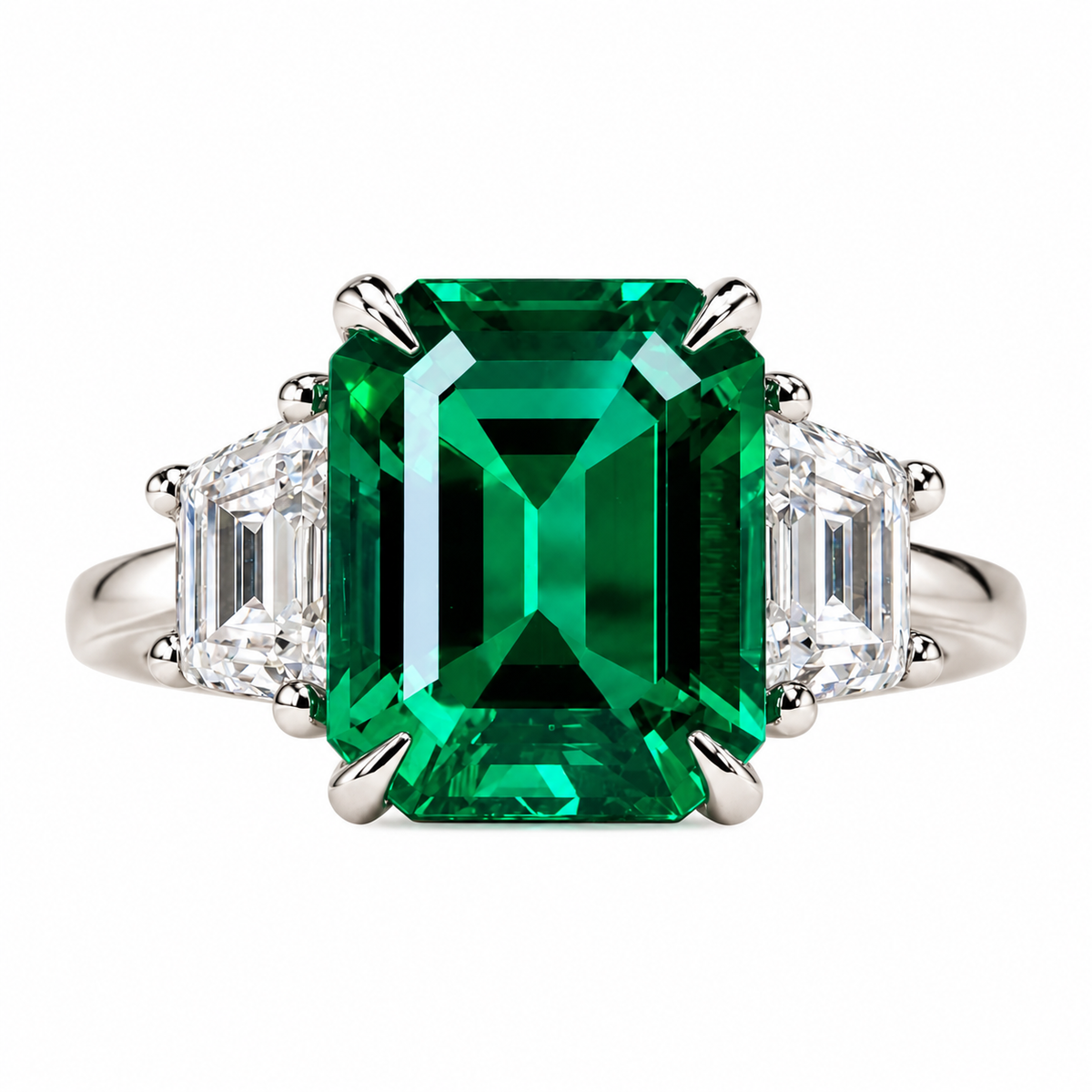 5.00 CT Emerald Cut Emerald Engagement Ring with Trapezoid 14K Solid White Gold, Emerald Three Stone Ladies Ring, Unique Emerald Wedding Ring  #7080