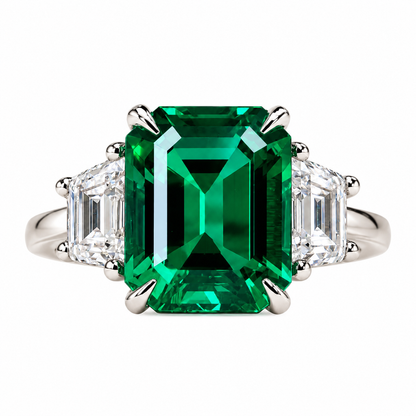 5.00 CT Emerald Cut Emerald Engagement Ring with Trapezoid 14K Solid White Gold, Emerald Three Stone Ladies Ring, Unique Emerald Wedding Ring  #7080