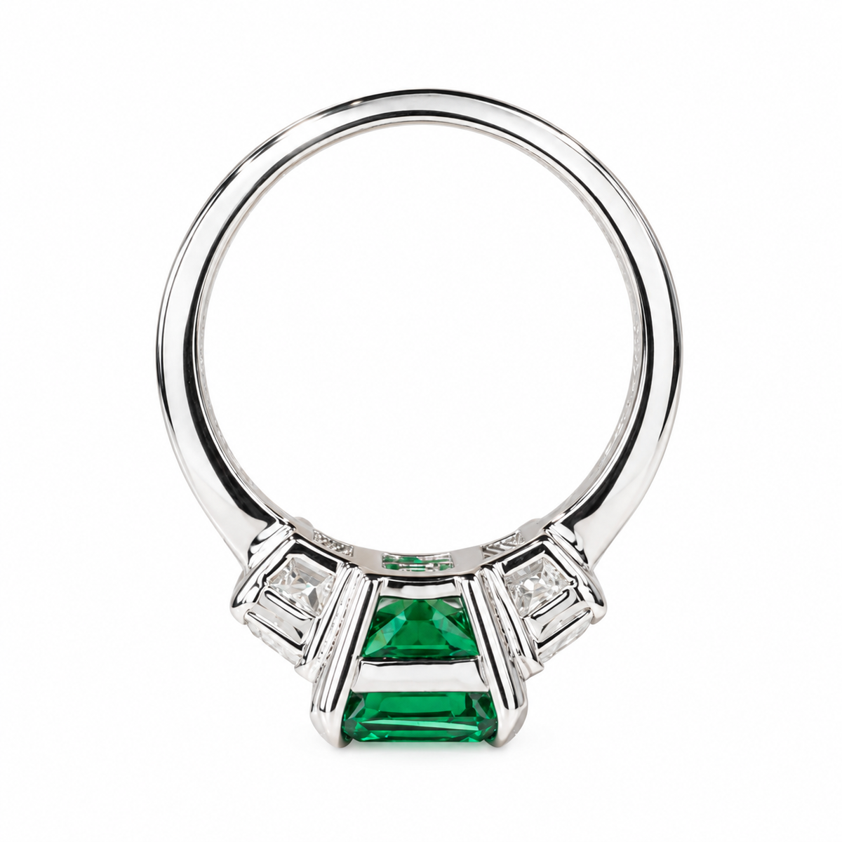 5.00 CT Emerald Cut Emerald Engagement Ring with Trapezoid 14K Solid White Gold, Emerald Three Stone Ladies Ring, Unique Emerald Wedding Ring  #7080