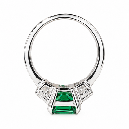 5.00 CT Emerald Cut Emerald Engagement Ring with Trapezoid 14K Solid White Gold, Emerald Three Stone Ladies Ring, Unique Emerald Wedding Ring  #7080