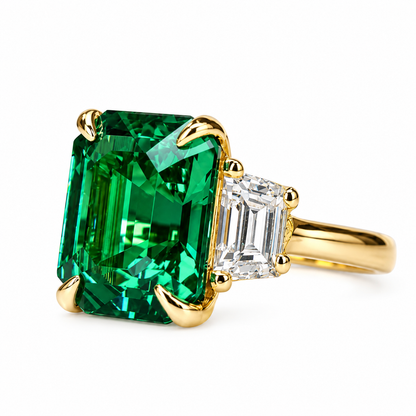 5.00 CT Emerald Cut Emerald Engagement Ring with Trapezoid 14K Solid White Gold, Emerald Three Stone Ladies Ring, Unique Emerald Wedding Ring  #7080