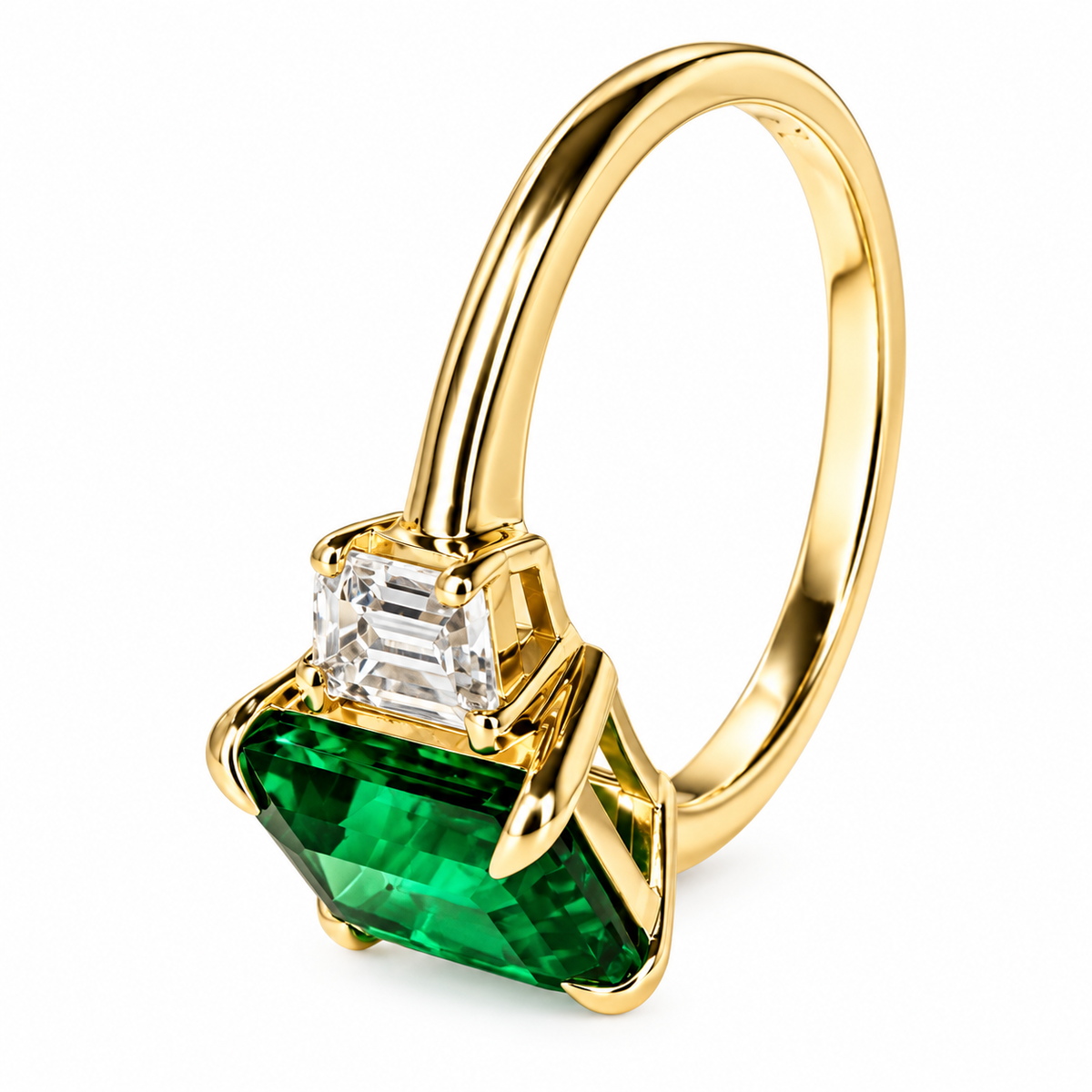 5.00 CT Emerald Cut Emerald Engagement Ring with Trapezoid 14K Solid White Gold, Emerald Three Stone Ladies Ring, Unique Emerald Wedding Ring  #7080