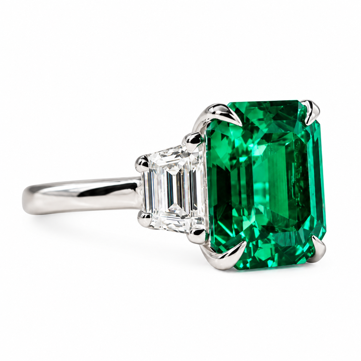 5.00 CT Emerald Cut Emerald Engagement Ring with Trapezoid 14K Solid White Gold, Emerald Three Stone Ladies Ring, Unique Emerald Wedding Ring  #7080